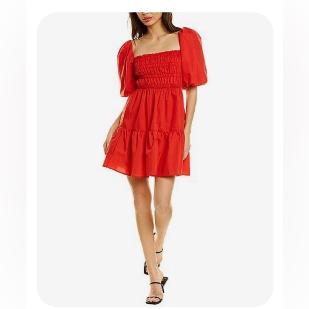 Bright Red M medium smocked cotton peasant mini nap dress puff sleeves by L.N.C